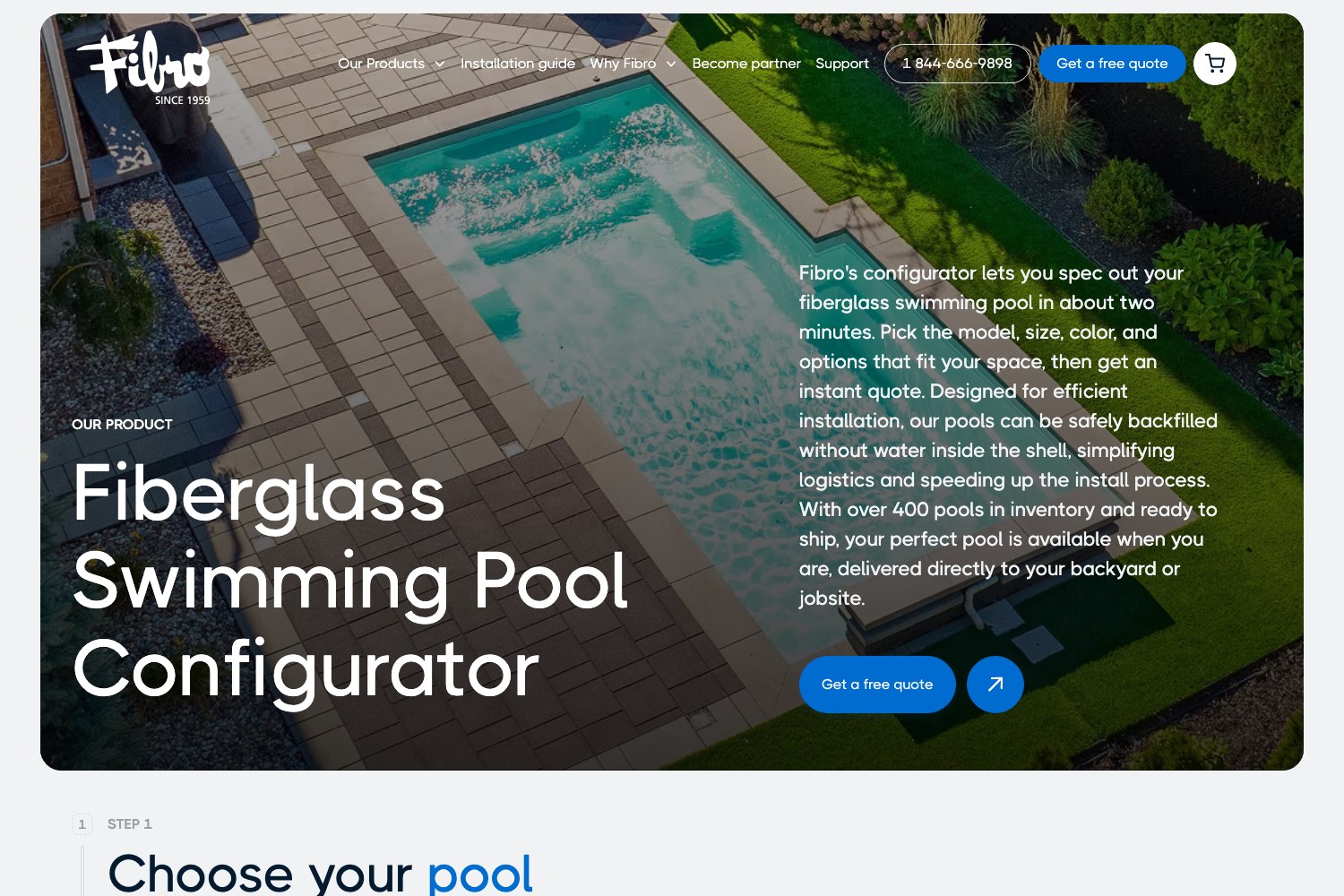 Fibro fiberglass swimming pool configurator: pick model, size, colour and options
