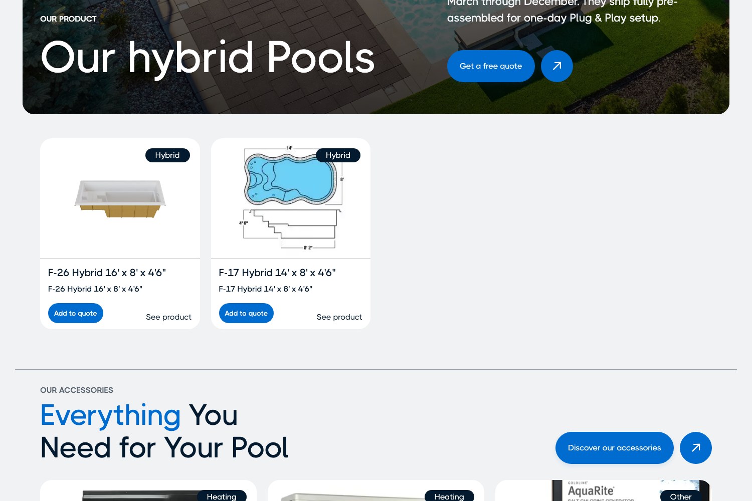 Fibro Our hybrid Pools range with model cards
