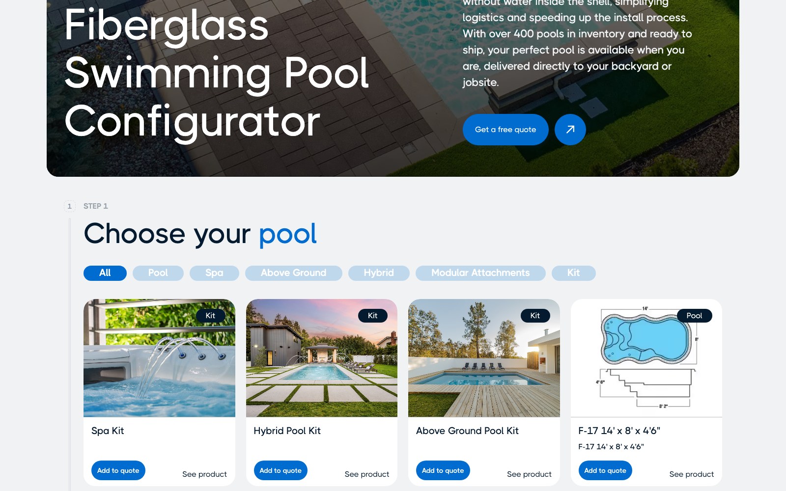 Fibro fiberglass swimming pool configurator with the pool type chooser