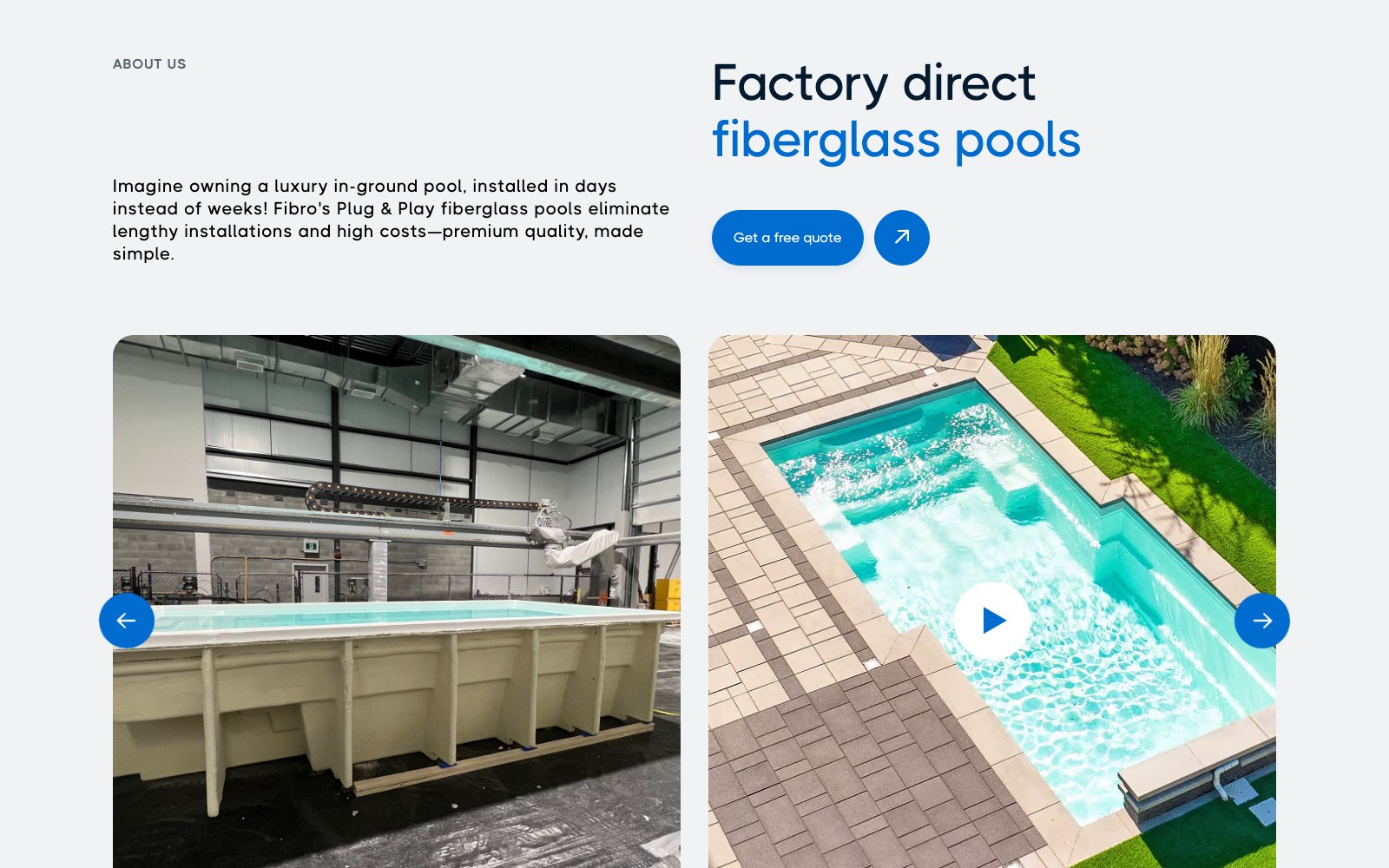 Fibro homepage: factory direct fiberglass pools with production photography
