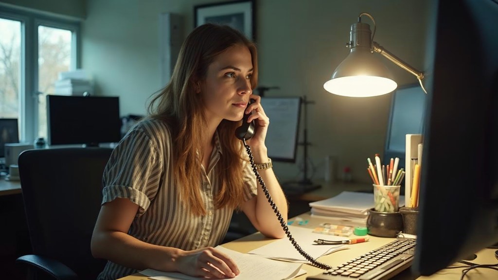 An office manager at a cluttered desk with a landline handset tucked under one ear, photographed in Montreal