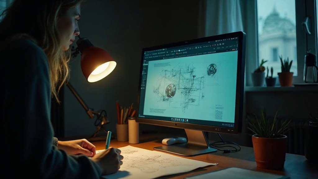 A studio designer sketching a page layout on paper beside a monitor in a dim room, photographed in Montreal