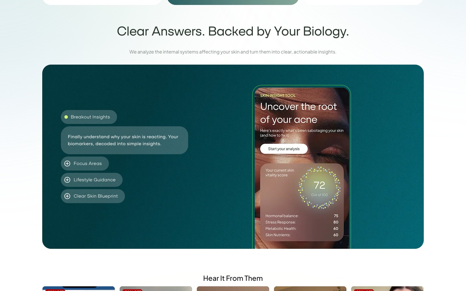 Clear answers backed by your biology, with the in-app skin score panel