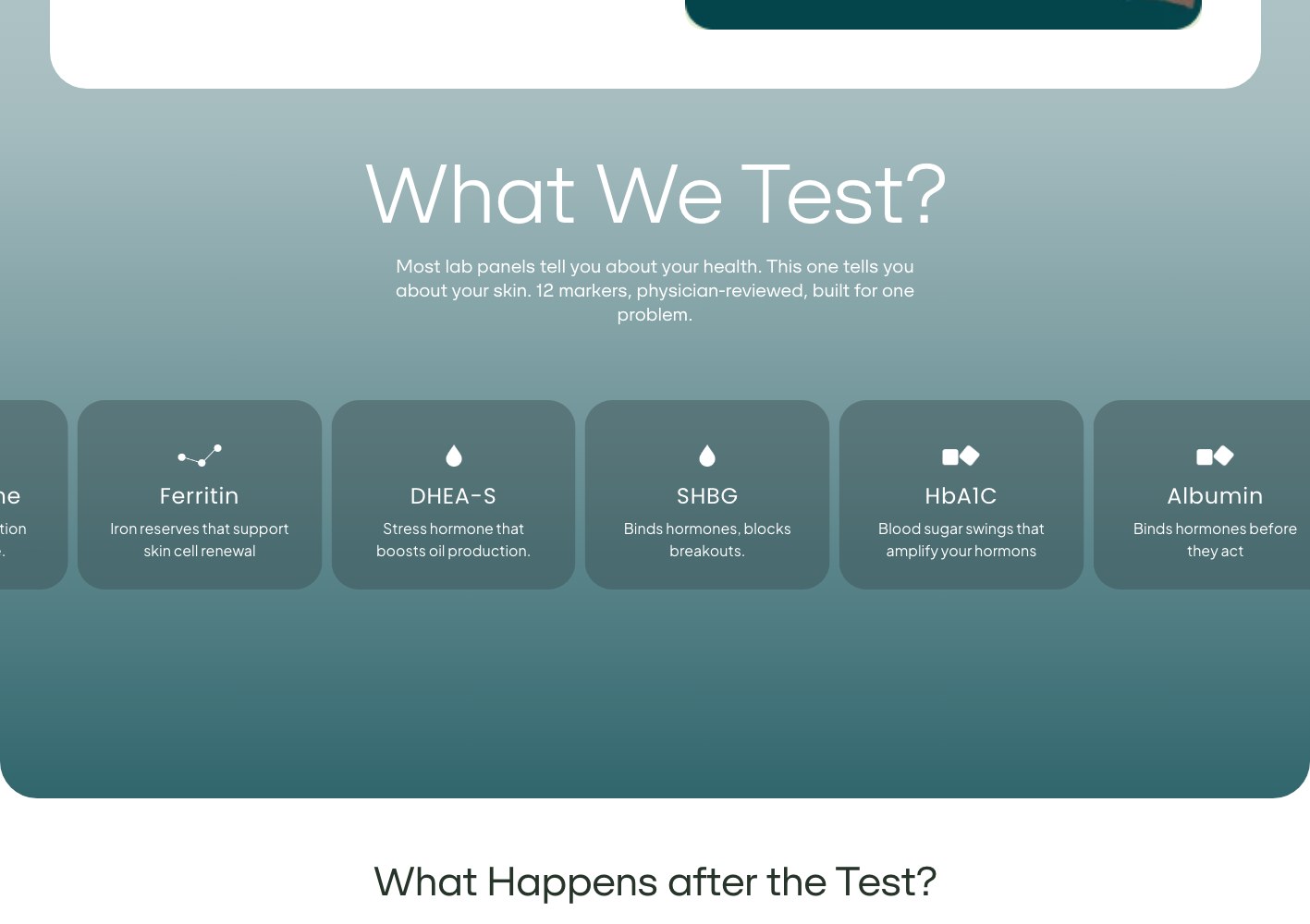 What we test panel listing ferritin, DHEA-S, SHBG, HbA1c and albumin