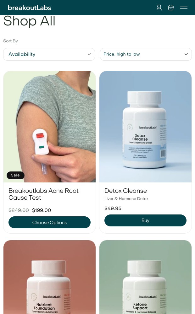 Mobile shop all page with the test kits and supplements priced