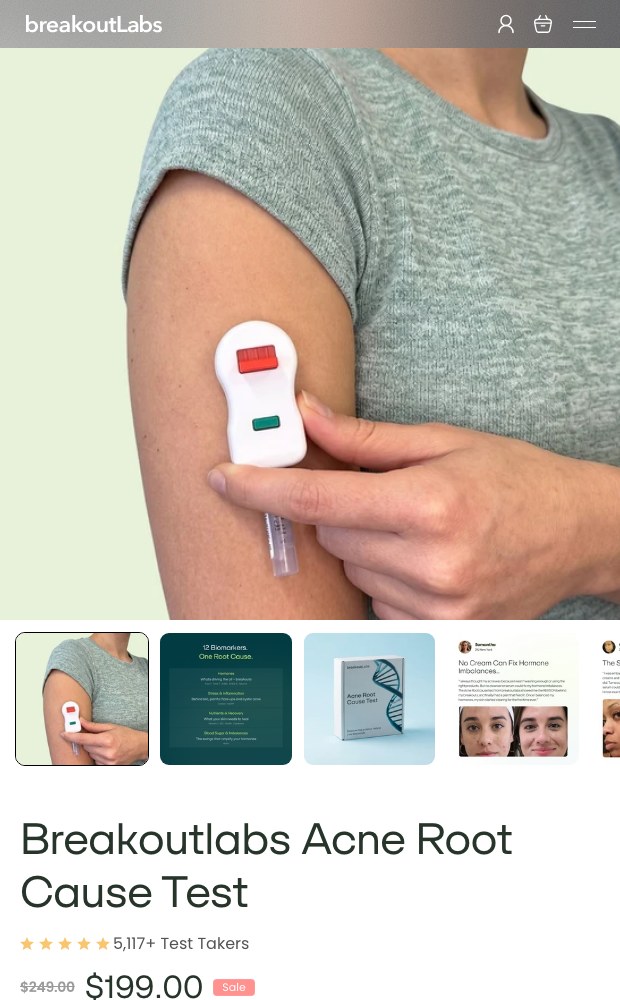 Mobile product page for the Acne Root Cause Test with rating and price