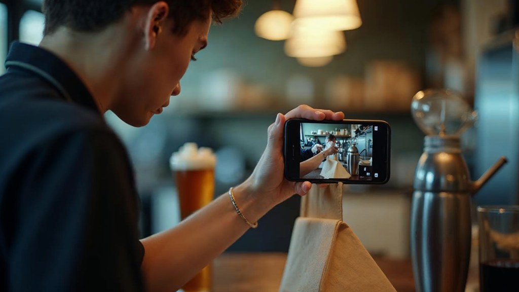 A young cafe worker filming a drink being poured on a phone propped against a napkin holder, photographed in Montreal
