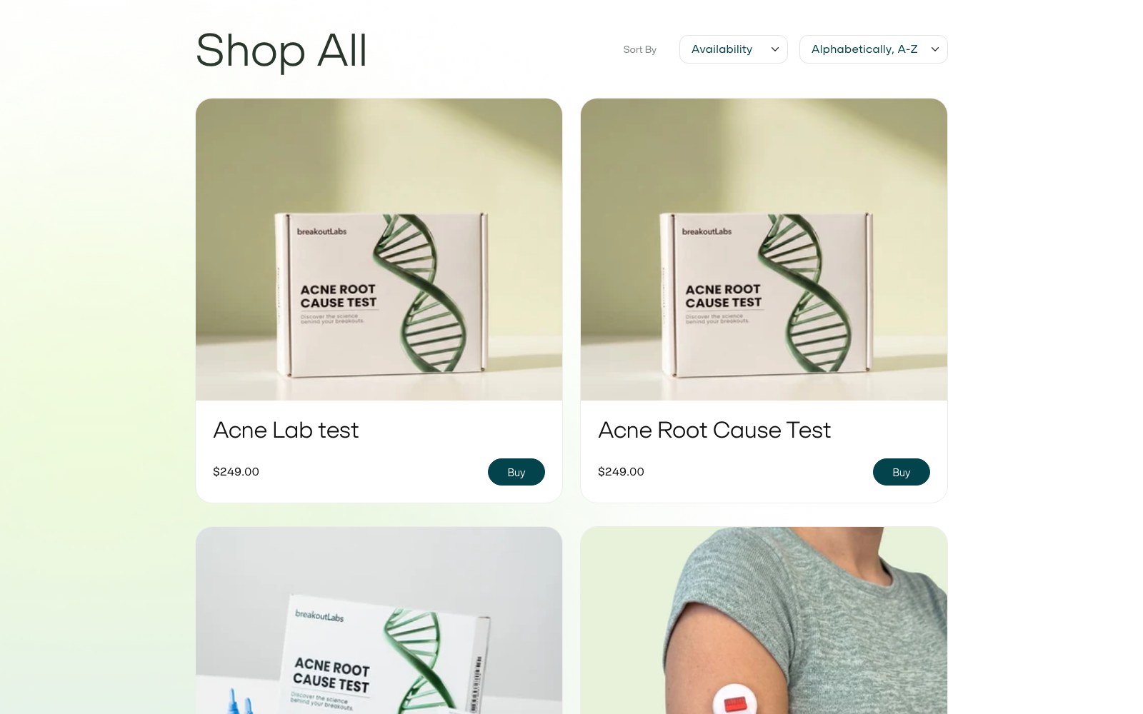 Shop all page listing the lab tests and supplements