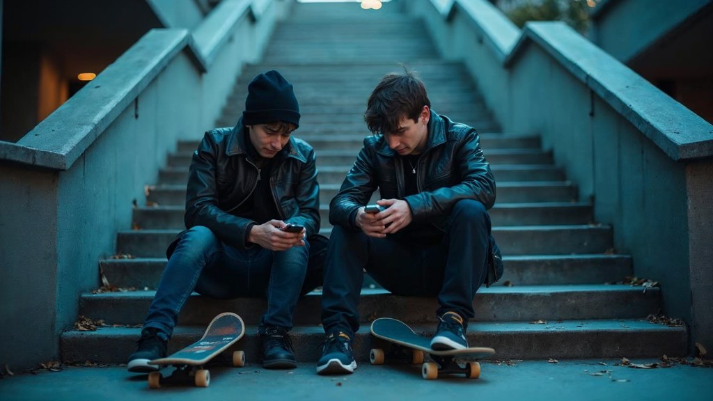 Two teenagers on skateboards looking at a phone on a set of concrete steps, photographed in Montreal