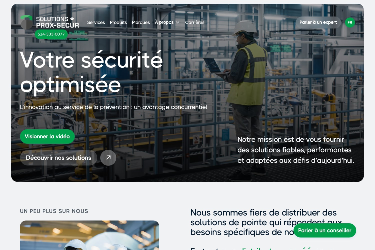Solutions Prox-Secur homepage hero: votre securite optimisee, with a plant technician