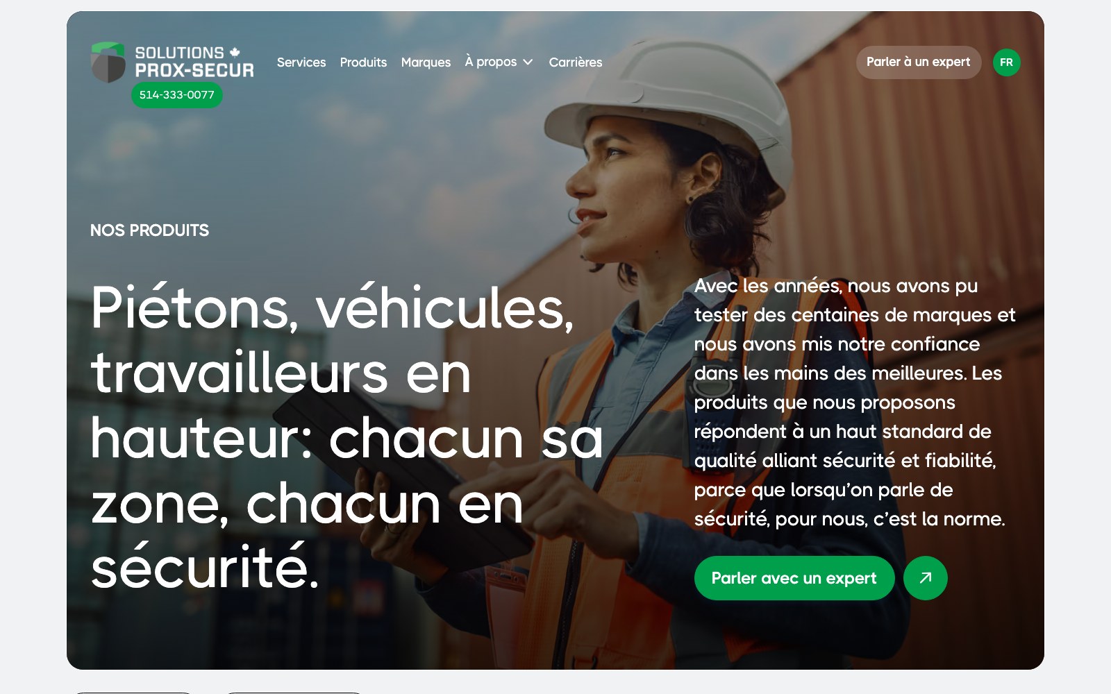 Prox-Secur products page hero: pedestrians, vehicles and workers at height