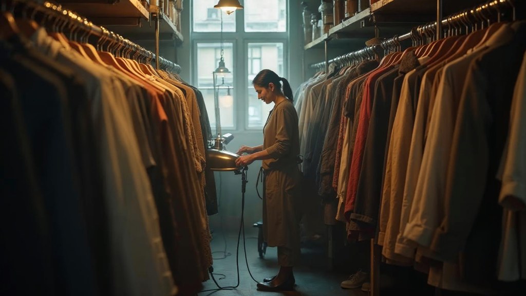 A boutique owner steaming garments in a narrow shop stockroom at opening time, photographed in Montreal