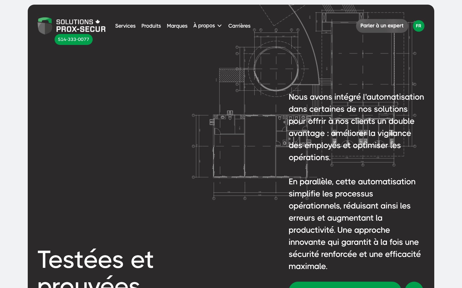 Prox-Secur Testees et prouvees section over a technical blueprint background