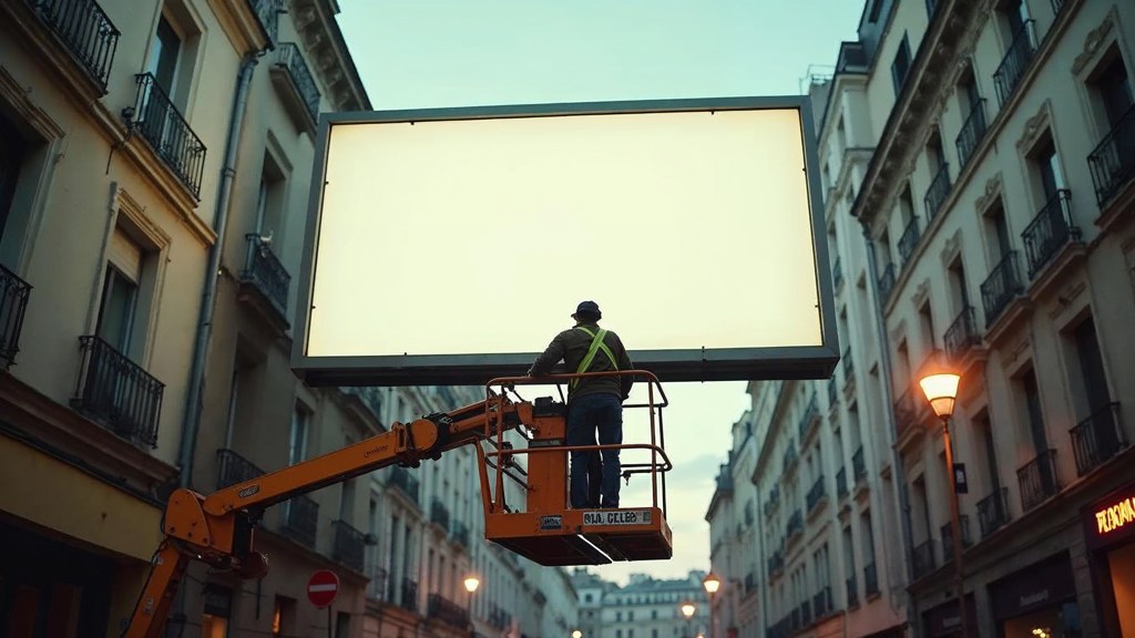 A crew member on a lift installing a blank billboard panel above a busy street, photographed in Nantes