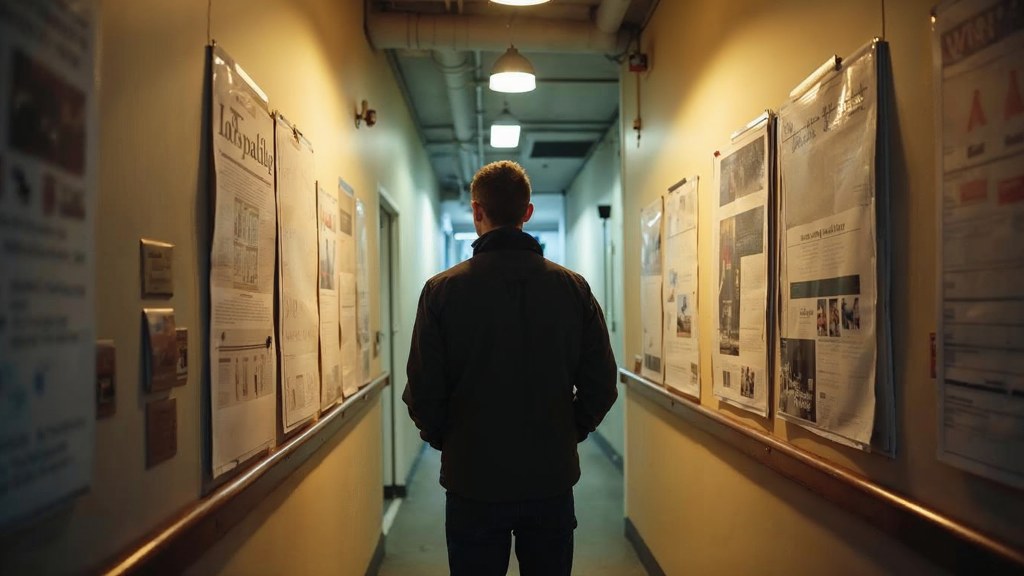 A media planner standing at a wall of printed layouts in a narrow agency corridor, photographed in Nantes