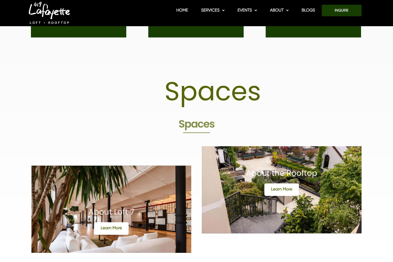 Spaces section on 419lafayette.com: Loft 7 and the rooftop as separate cards