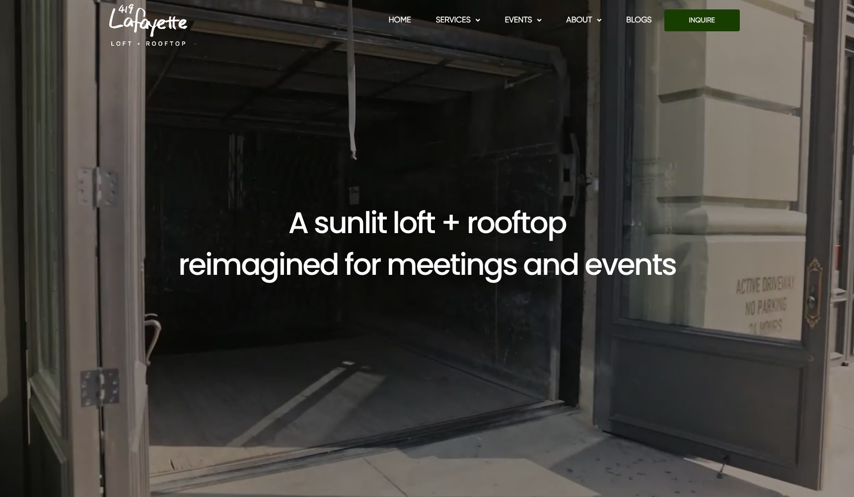 419lafayette.com homepage hero: a sunlit loft and rooftop for meetings and events