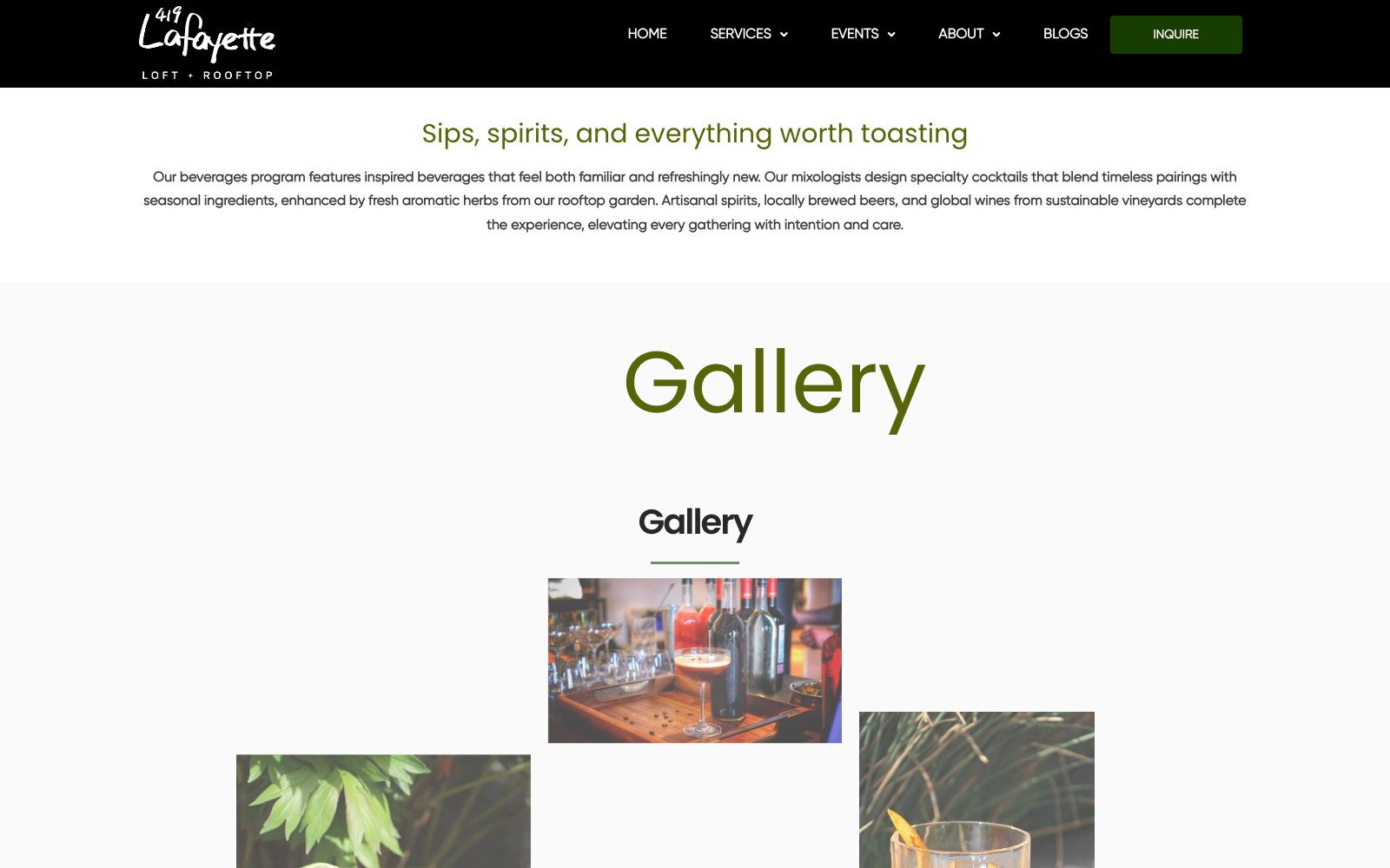 Beverage programme page with the cocktail gallery