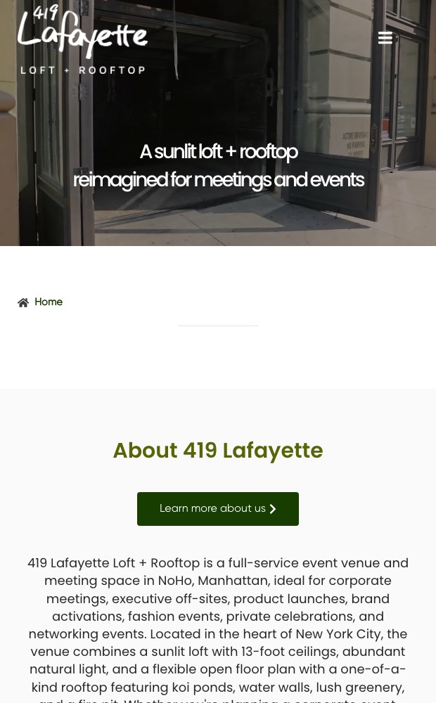 Mobile homepage with the hero and About 419 Lafayette block