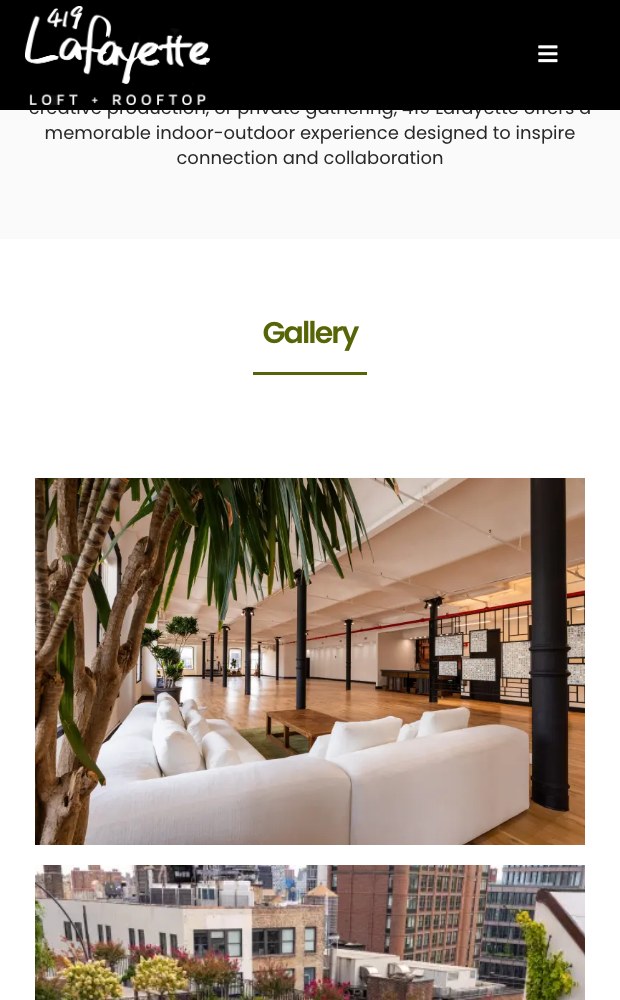 Mobile gallery showing the loft interior and rooftop