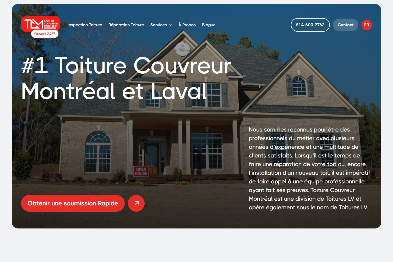 Toiture Couvreur Montreal homepage hero: number one roofer in Montreal and Laval