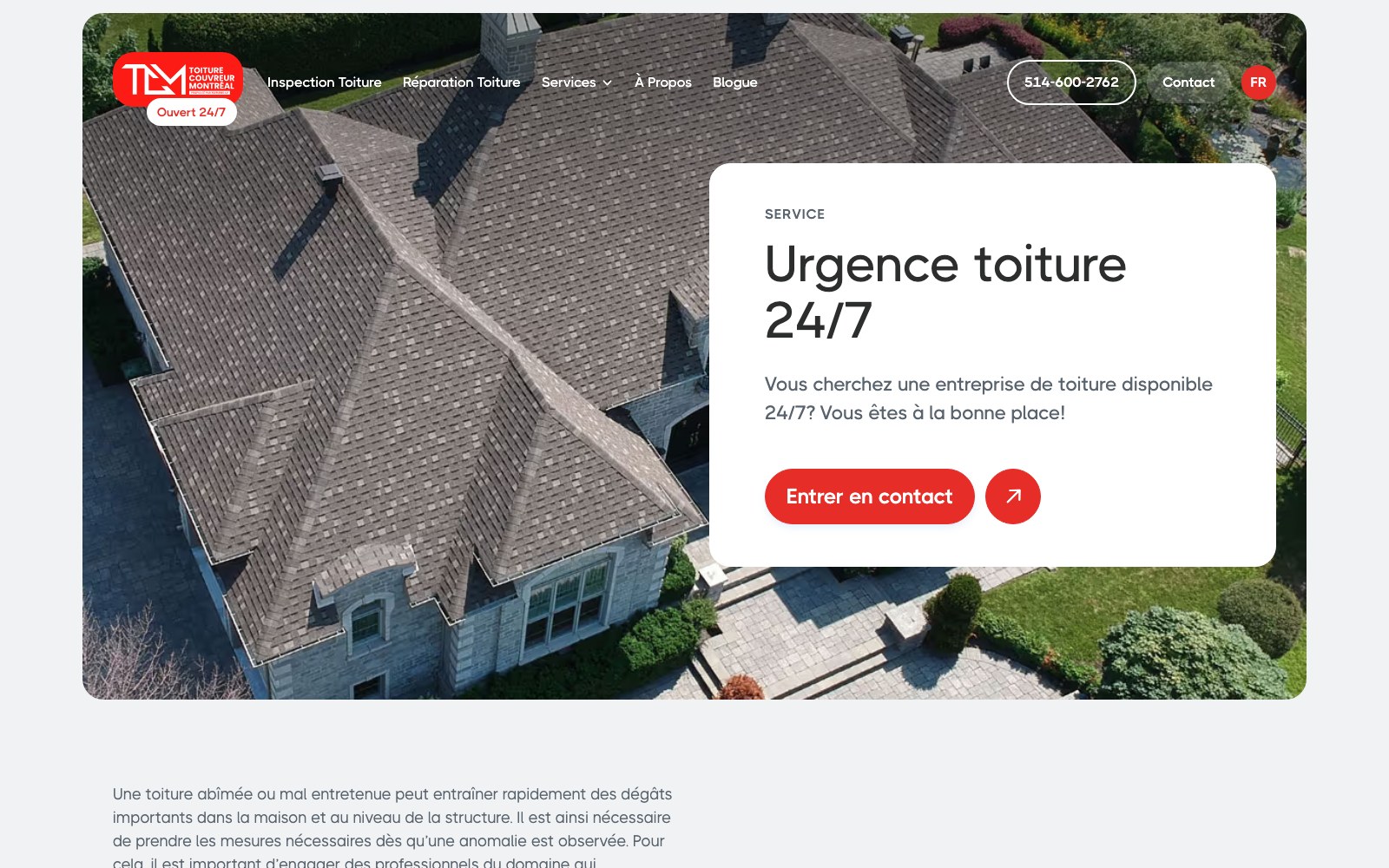 Toiture Couvreur Montreal 24/7 emergency roofing service page hero