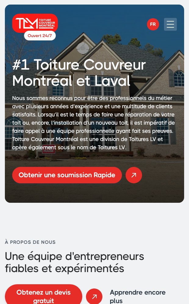 Toiture Couvreur Montreal mobile hero with the quote button