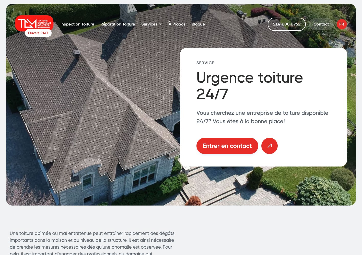 Toiture Couvreur Montreal emergency roofing page, narrow crop
