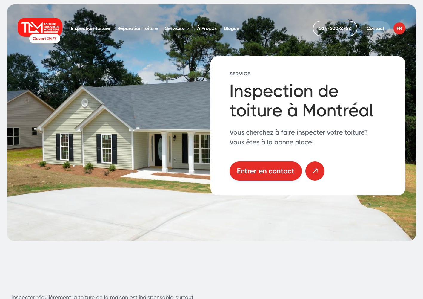 Toiture Couvreur Montreal roof inspection page, narrow crop