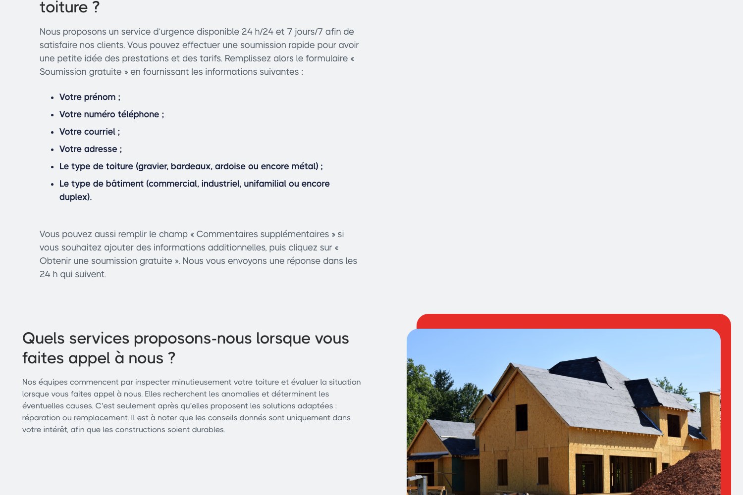 Toiture Couvreur Montreal services list with roofing photography