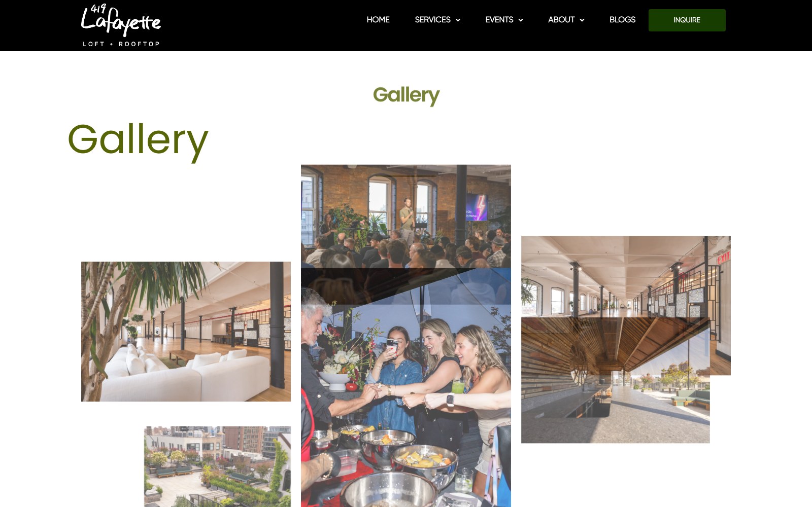 Venue gallery on 419lafayette.com showing the loft, rooftop and greenery