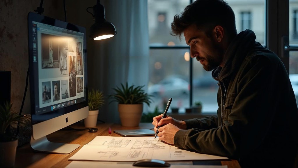 A studio designer sketching a page layout on paper beside a monitor in a dim room, photographed in Nantes