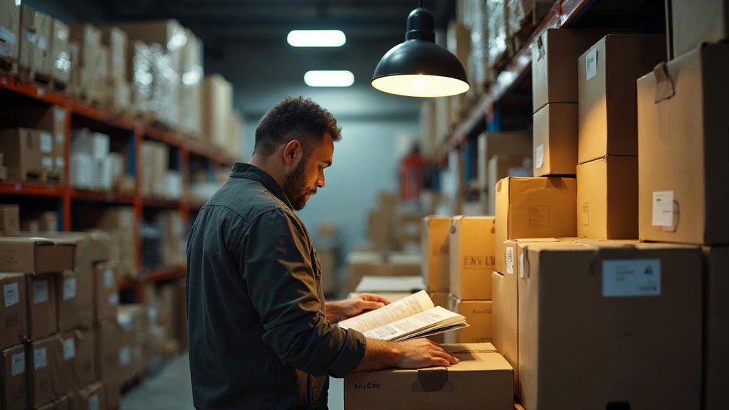A seller checking barcodes on stacked cartons in a garage stockroom, photographed in Nantes