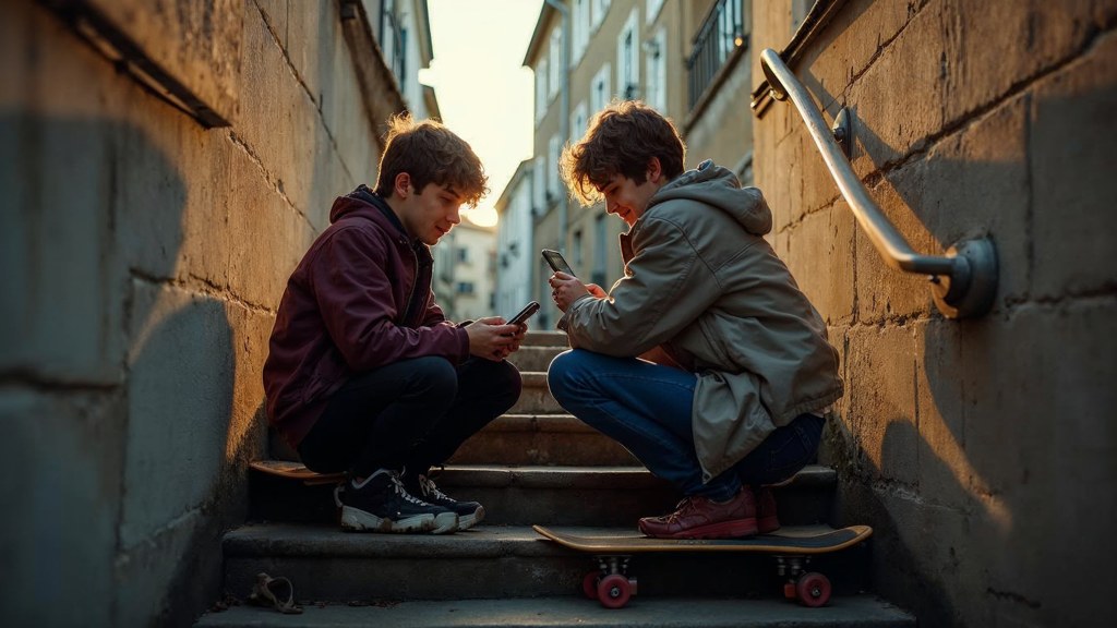 Two teenagers on skateboards looking at a phone on a set of concrete steps, photographed in Nantes