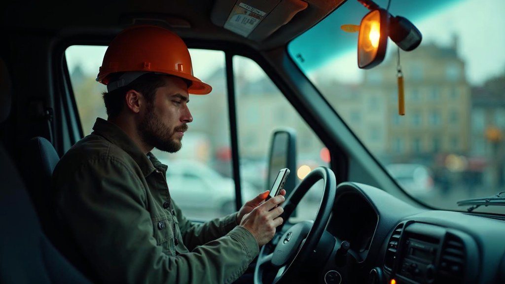 A contractor sitting in the cab of a work van reviewing a phone before driving off, photographed in Nantes