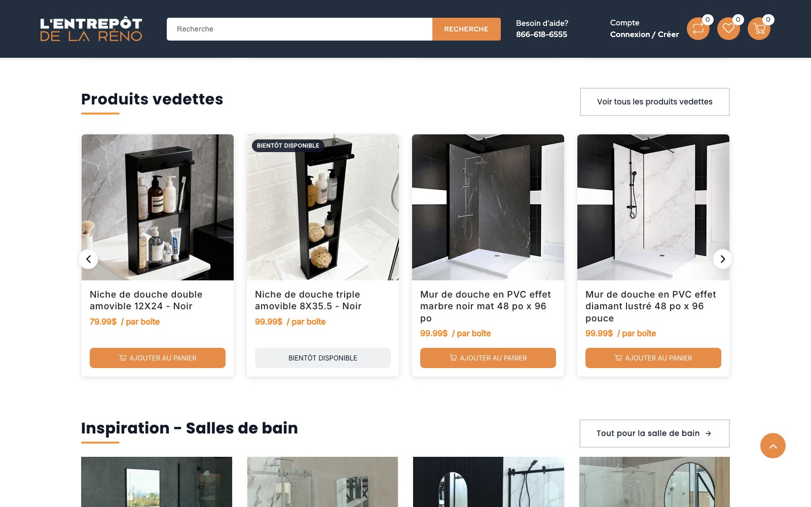 Featured products carousel above the bathroom inspiration styles