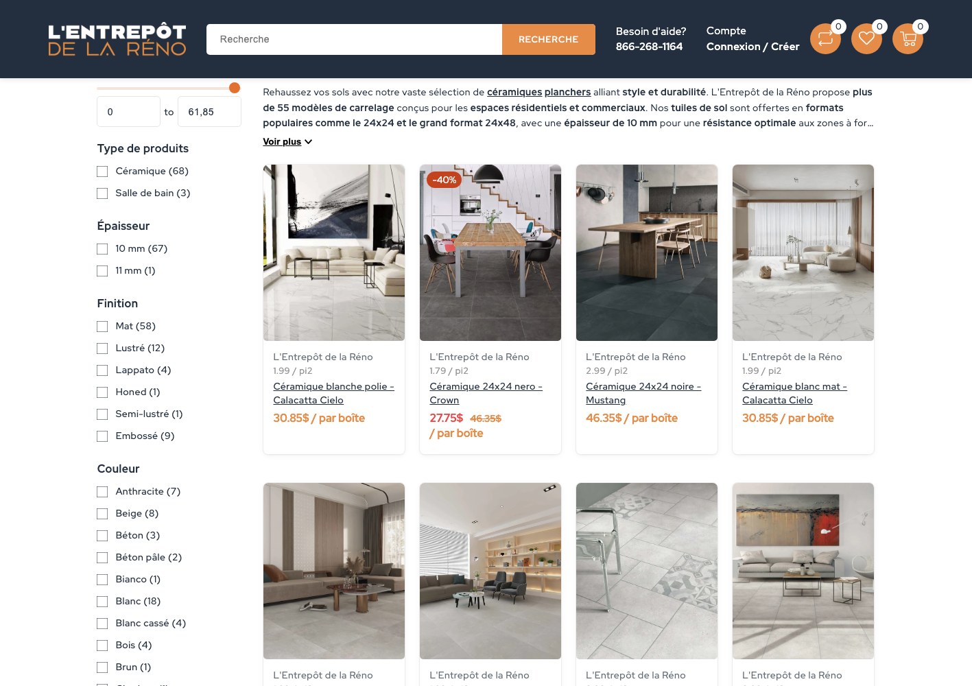 Flooring product grid with room photography and per-box prices