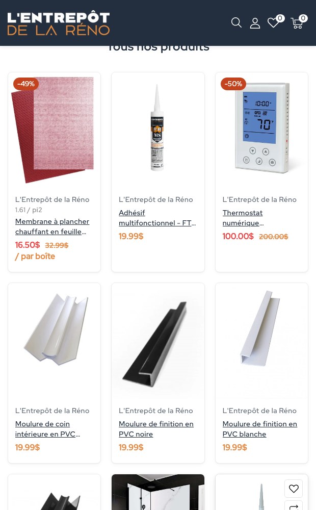 Mobile product grid of membranes, sealants and thermostats with sale badges