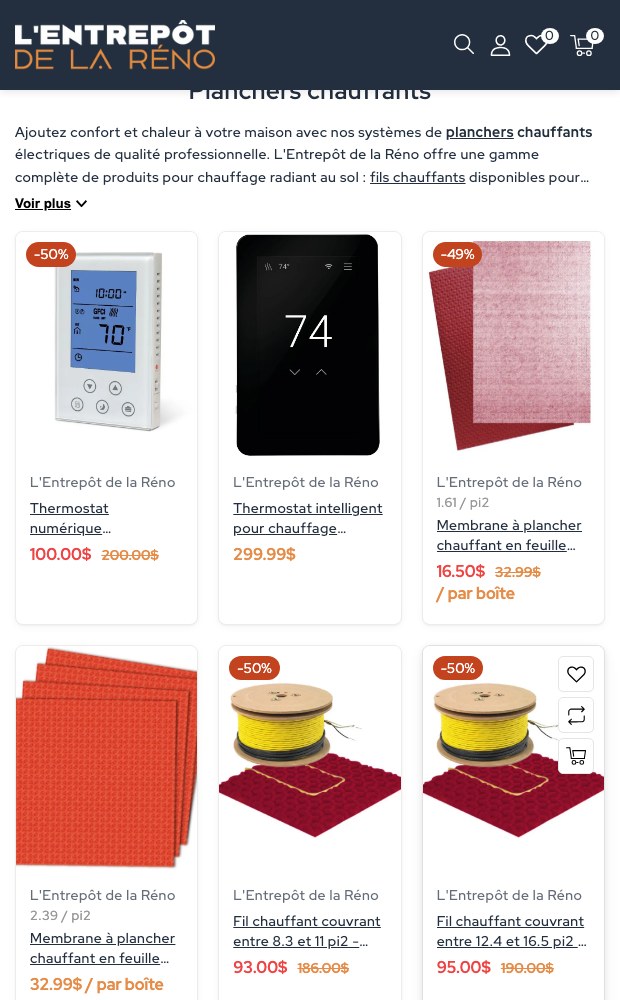 Mobile heated flooring category page with product cards and prices