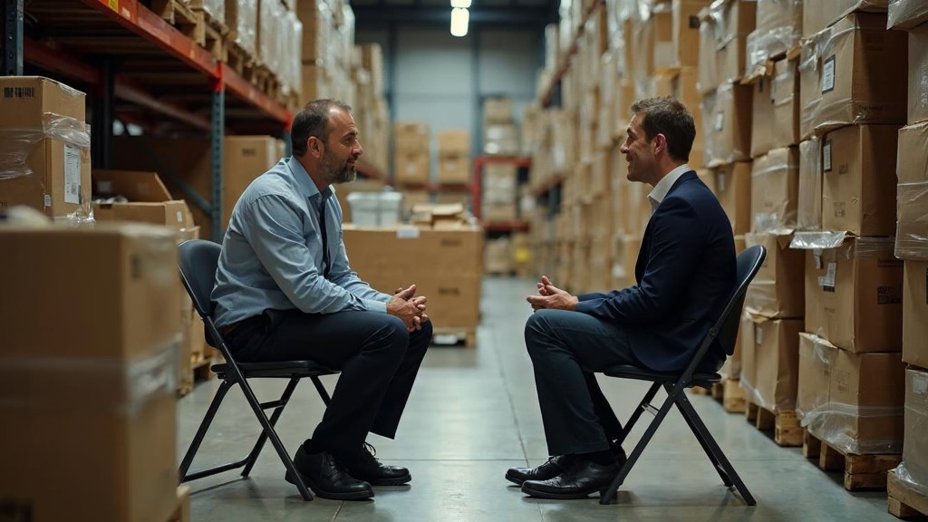 A warehouse supervisor interviewing a candidate on folding chairs beside stacked pallets, photographed in Nice