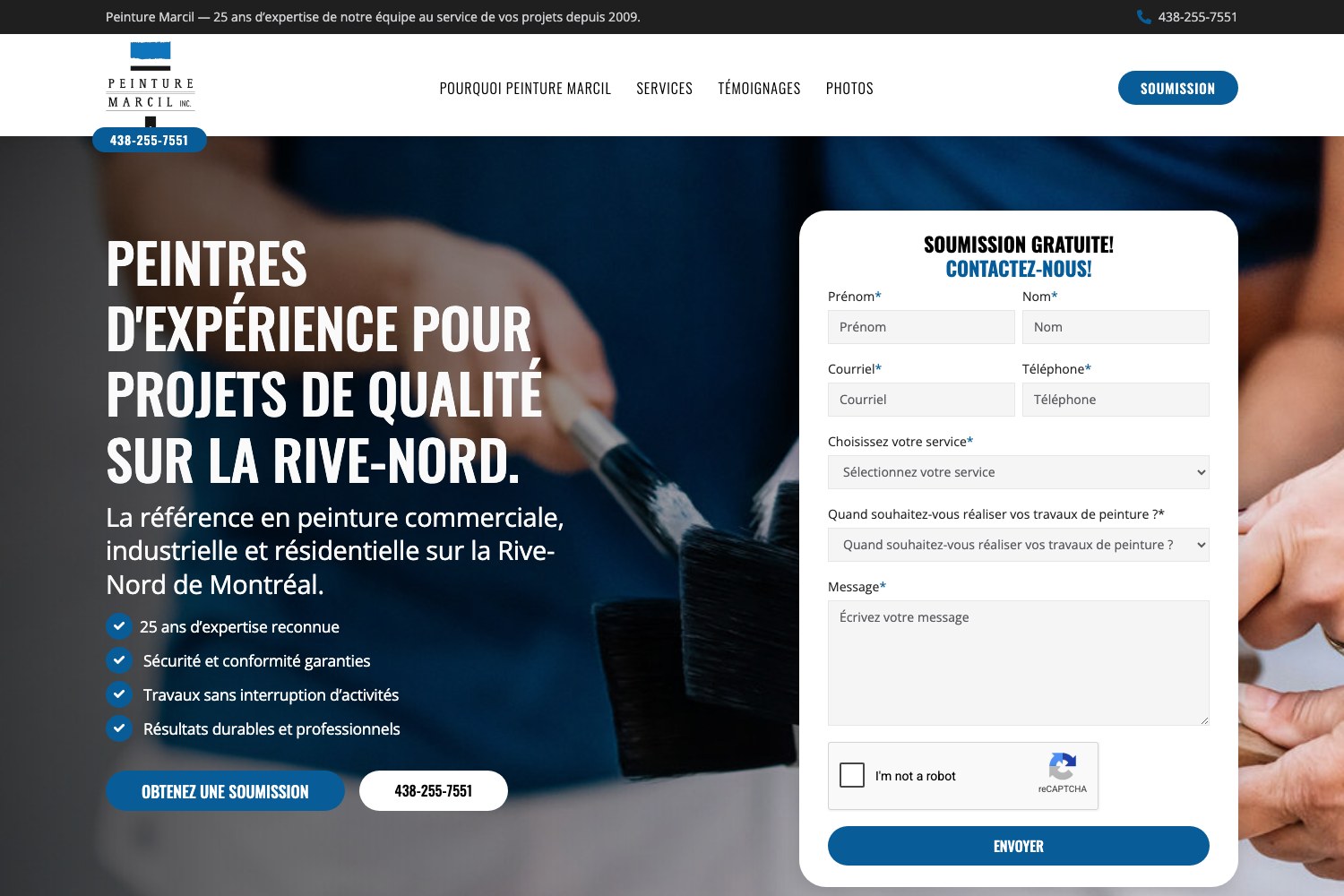 Peinture Marcil homepage hero: experienced painters for quality projects on the Rive-Nord, with the quote form