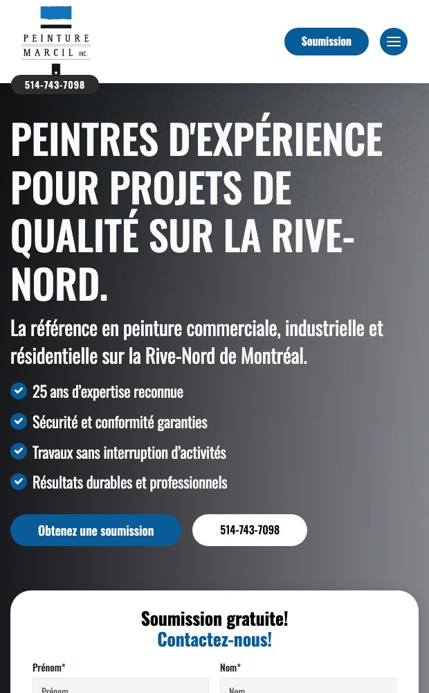 Peinture Marcil mobile hero with the Rive-Nord positioning