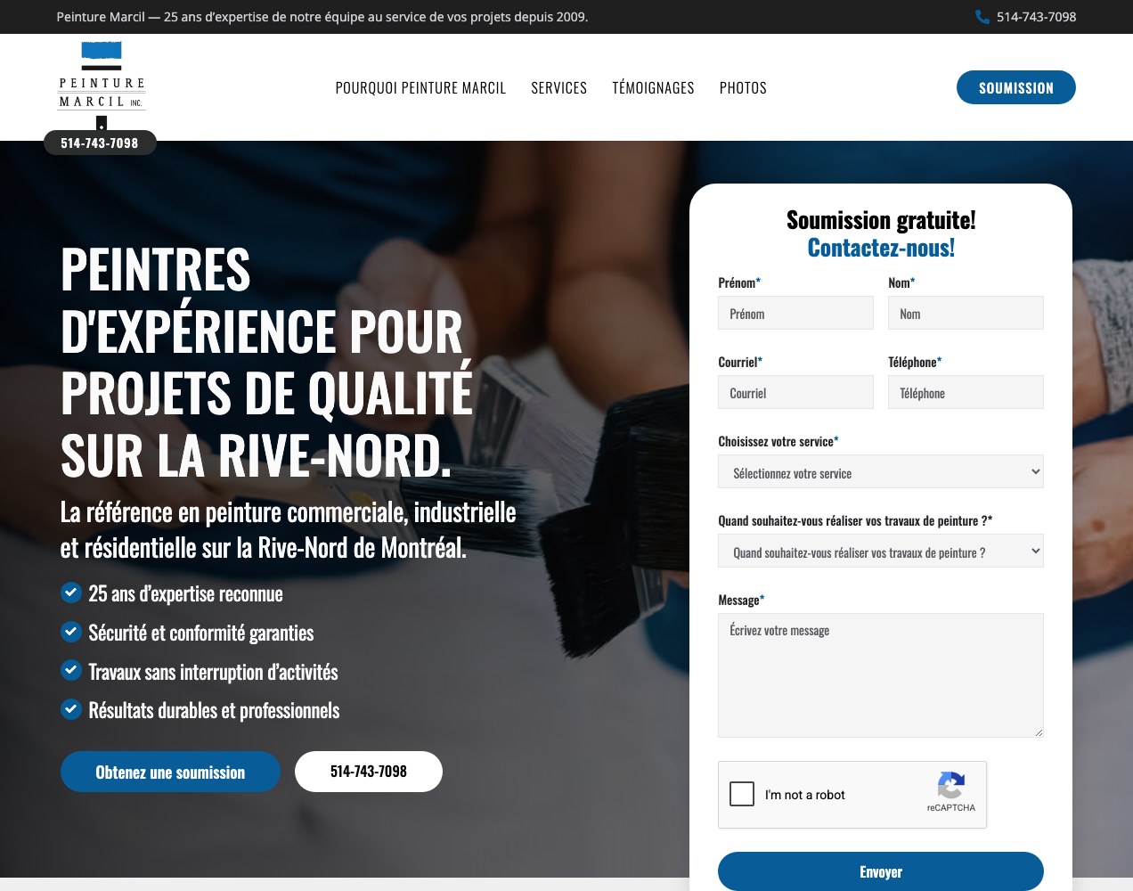 Peinture Marcil homepage hero, narrow crop with the quote form