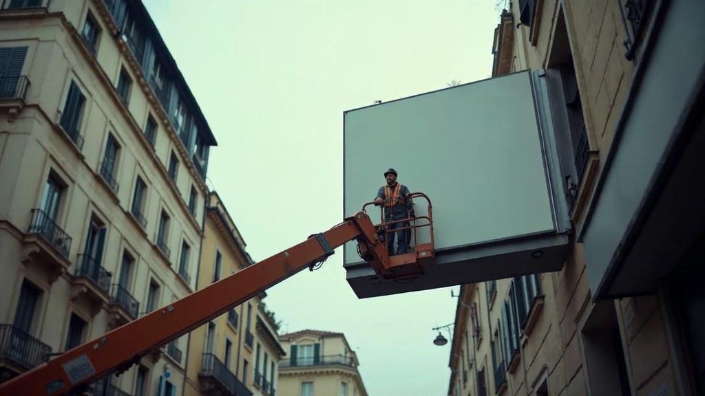 A crew member on a lift installing a blank billboard panel above a busy street, photographed in Nice