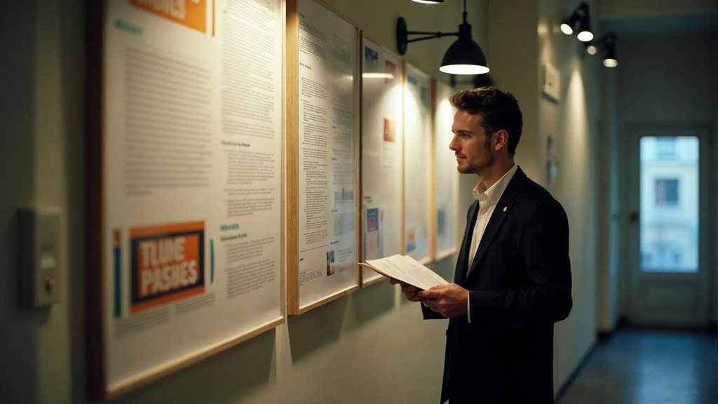 A media planner standing at a wall of printed layouts in a narrow agency corridor, photographed in Nice