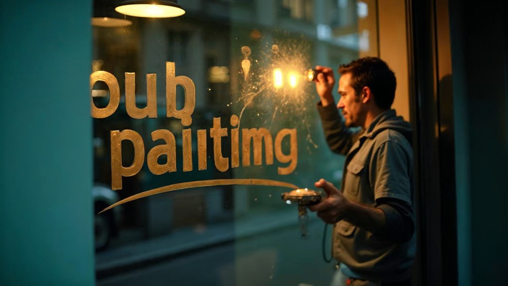 A sign painter finishing gold lettering on a shopfront window from the street side, photographed in Nice