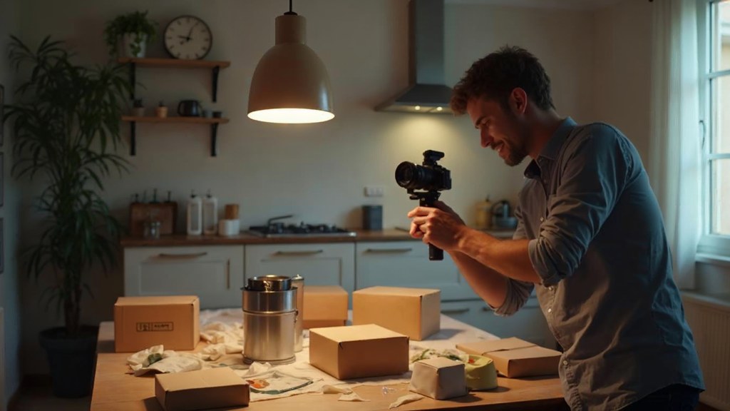 A customer filming an unboxing on a kitchen table strewn with packaging, photographed in Nice