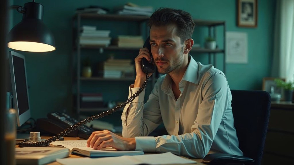 An office manager at a cluttered desk with a landline handset tucked under one ear, photographed in Nice