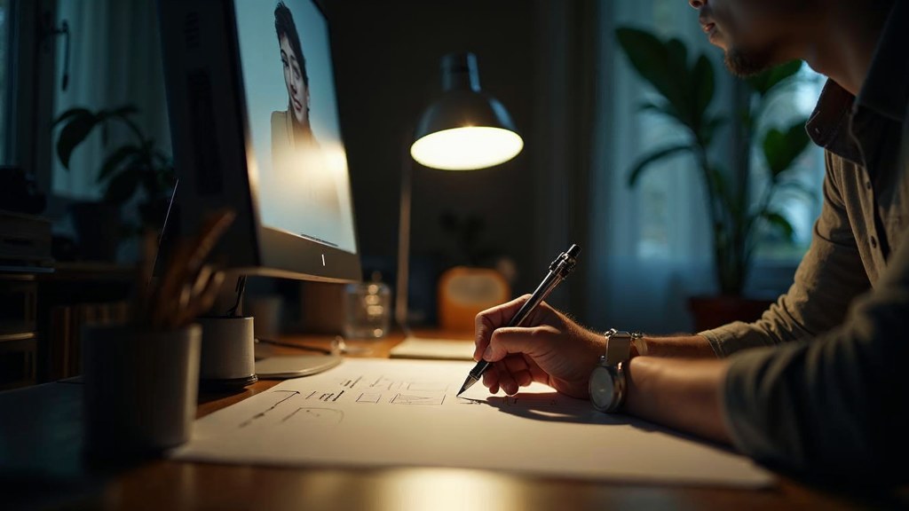 A studio designer sketching a page layout on paper beside a monitor in a dim room, photographed in Nice