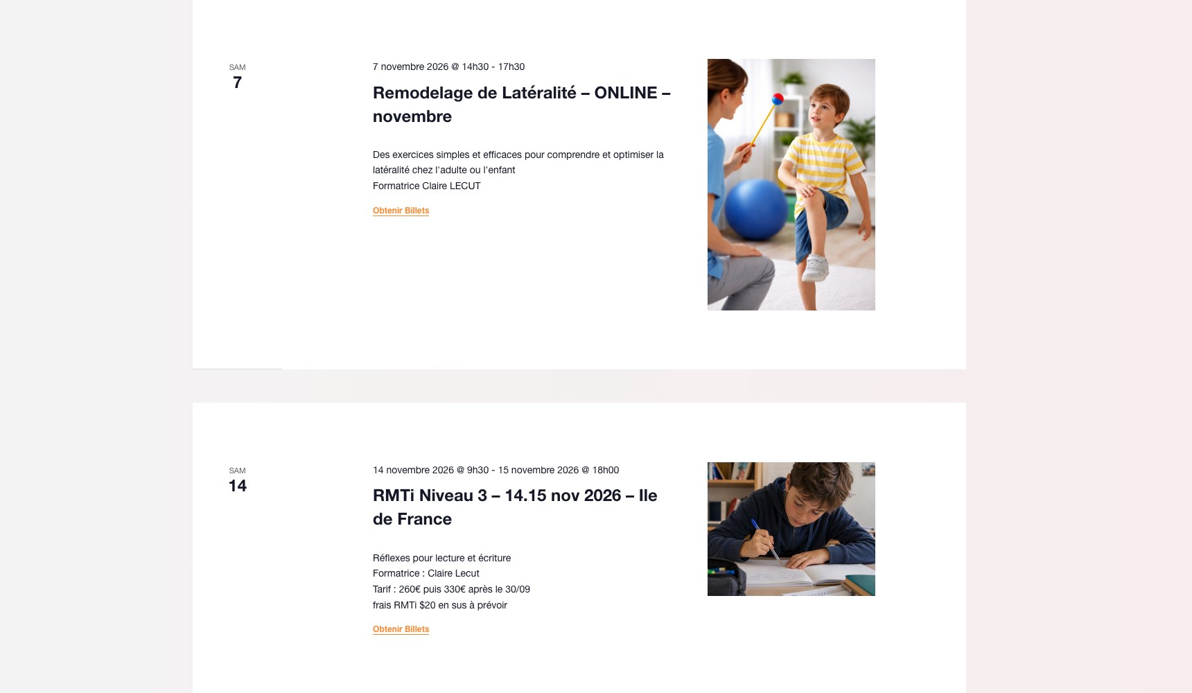 En Mouvement agenda: upcoming training sessions with dates, cities and prices